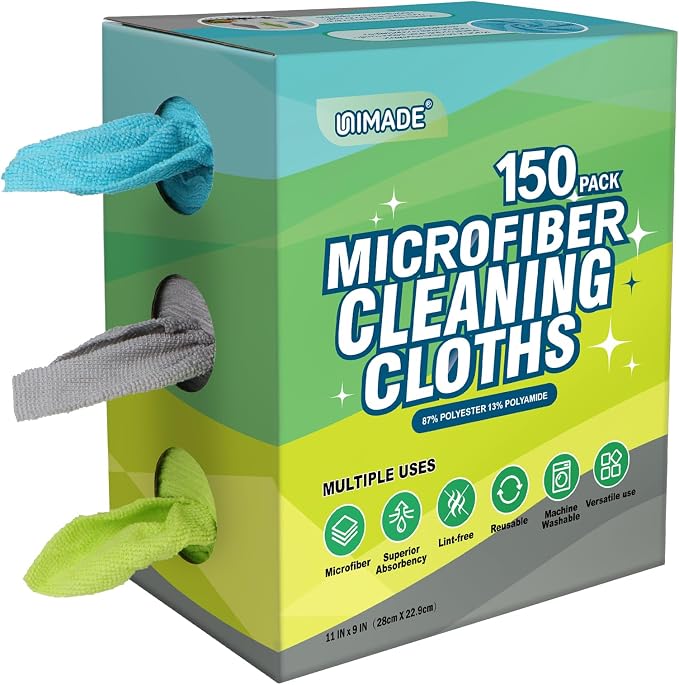 UNIMADE Microfiber Cleaning Cloth, 150 Pack Reusable Paper Towels Microfiber Towels for Cars Lint Free Shop Rags with Box for Home Kitchen Automotive, 11"x 9", Blue & Grey & Green