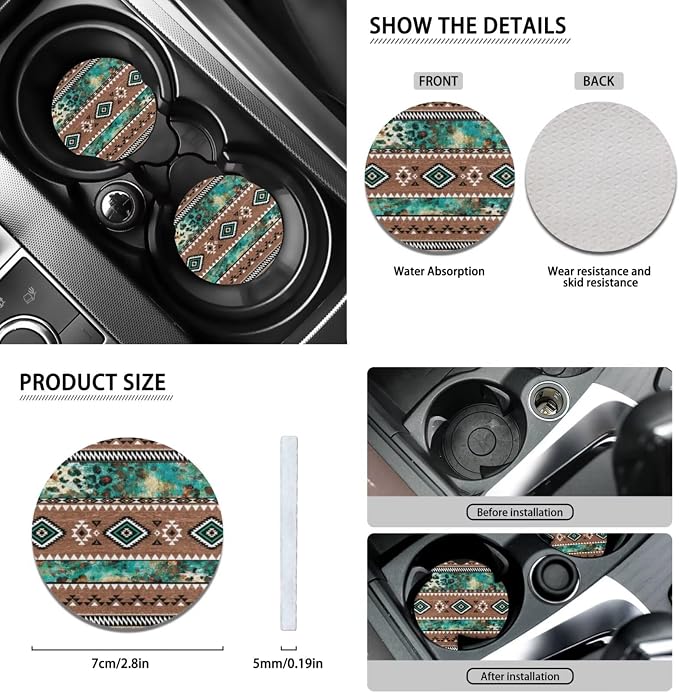 Wanyint Car Seat Cover Full Set 11 PCS, with Steering Wheel Headrest Handbrake Gear Shift Cover Cup Holders Universal Fit Most Vehicles, Aztec Leopard Print Brown Teal