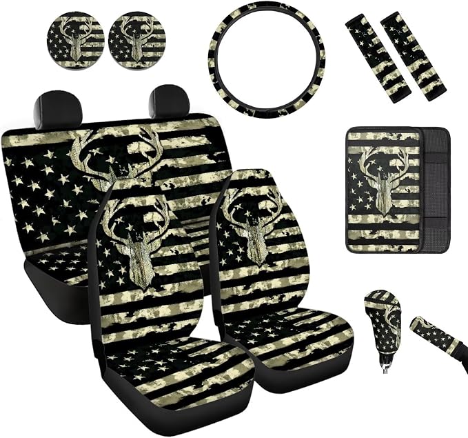 BIGCARJOB American Flags Deer Car Seat Cover Set 12 Pcs Universal Steering Wheel Covers,Armrest Pads,Coaster-Animal Deer Print Auto Seat Protector Full Set,Fit Most Vehicle,Cars,Sedan