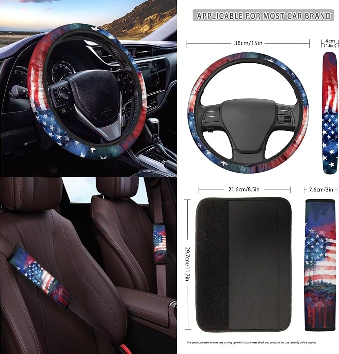 Car Seat Covers 15Pcs Full Set Car Steering Wheel Cover Seat Belt Cover Trash Bin Air Vent Storage Box Rear View Mirror Car Cup Holder Keychain, Vintage American Patriotic Flag