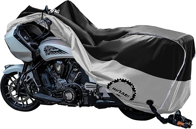 Heavy Duty Motorcycle Cover, Breathable, Reflective Strips, Elastic Bottom, Luggage Strap, Lockable Grom, Durable Sewn Cutouts, Outdoor, Waterproof (Black/Silver, Extra Large)
