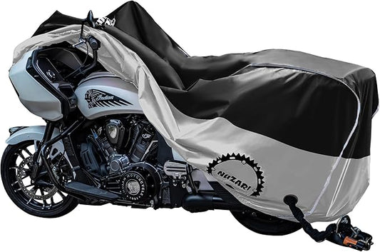 Heavy Duty Motorcycle Cover, Breathable, Reflective Strips, Elastic Bottom, Luggage Strap, Lockable Grom, Durable Sewn Cutouts, Outdoor, Waterproof (Black/Silver, Extra Large)