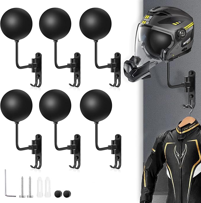Kikerike Motorcycle Helmet Rack Wall Mount with 180 Degree Rotation and 2 Hooks - Metal Helmet Holder Display Stand, Black, 6 Pcs