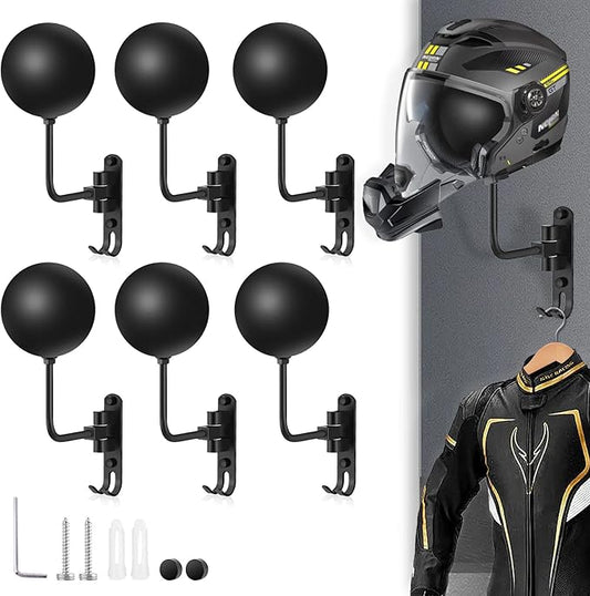 Kikerike Motorcycle Helmet Rack Wall Mount with 180 Degree Rotation and 2 Hooks - Metal Helmet Holder Display Stand, Black, 6 Pcs