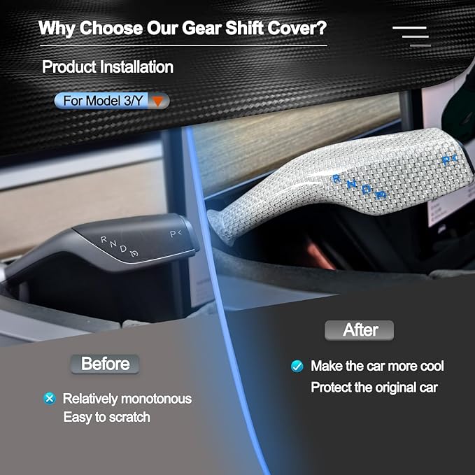Carbar Tesla Model 3 Y Column Gear Shift Knob Cover Real Carbon Fiber Gear Lever Wrap for Model 3 Model Y Accessories 2023- (2Pcs White Glossy Carbon Fiber B Style)