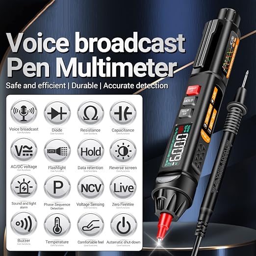 A3009 Mini Pen Multimeter with Voice Broadcast 6000 Counts Voltmeter VA Reverse LCD Display Flash NCV Tester for Vole Resistance acitance Temperature On/Off Diode Phase Sequence