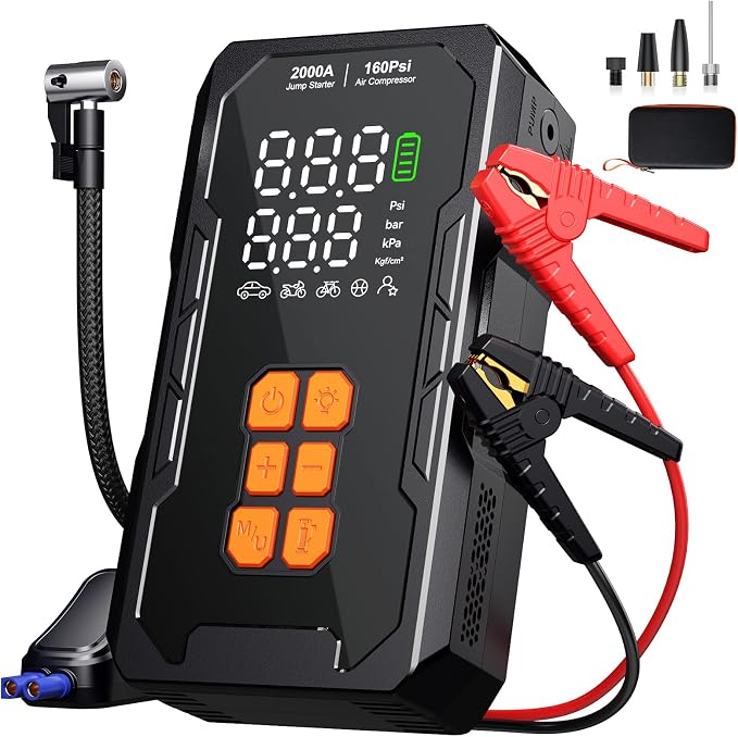 Jump Starter with Air Compressor, 12V Car Battery Jumper Starter Portable for 8.0L Gas/6.0L Diesel, Car Battery Charger Jump Box with 160PSI Auto-Shutoff Tire Inflator and Storage Case, Black
