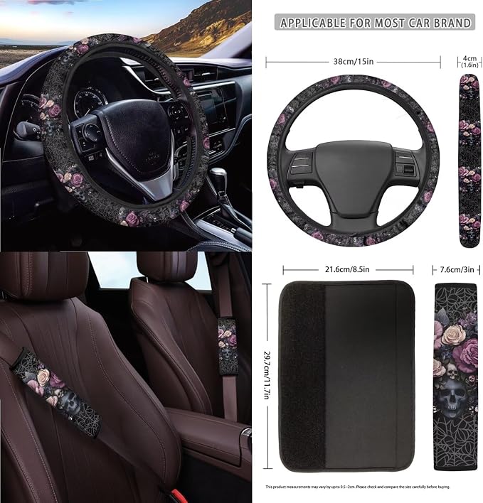 Skull Rose Print Car Seat Covers Full Set with Accessories for Women, Decorative Auto Accessories Include Steering Wheel Cover Safety Belt Pads Rearview Mirror Cover Cup Mats