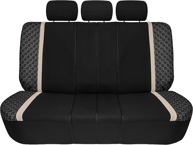 We Are Young Life is Fun™ Checker Car Seat Covers Universal Fit Interior Accessories Full Set Beige Seat Cover Combo Steering Wheel Cover and Seat Belt Pads, Airbag and Split Rear Car Seat Covers