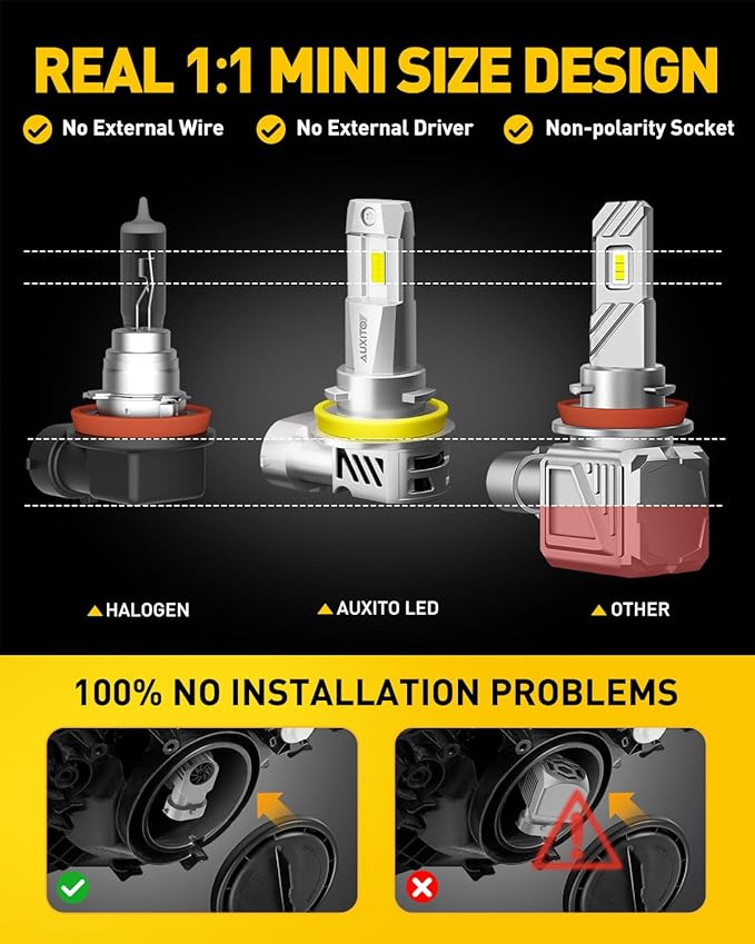 AUXITO Upgraded 9005/HB3 H11/H8/H9 Bulbs Combo, 1000% Highly Bright 6500K Cool White, Real 1:1 Mini Size, Canbus Direct Install Plug and Play, Pack of 4