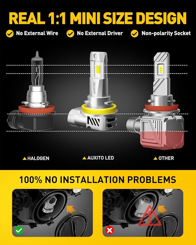 AUXITO Upgraded 9005/HB3 H11/H8/H9 Bulbs Combo, 900% Highly Bright 6500K Cool White, Real 1:1 Mini Size, Canbus Direct Install Plug and Play, Pack of 4