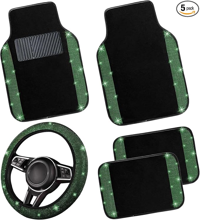 NBTEPEM Bling Car Floor Mats Full Set and Steering Wheel Cover, Universal Fit Most Cars, 4 pcs Sparkle Glitter Diamond Carpet, 5 pcs Bling Car Accessories Set for Women (Green Diamond)