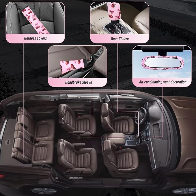 23 Pcs Leopard Print Car Accessories,Including License Plate Frame,Rearview Mirror Decoration,Etc,Suitable for Sedan,SUV and Other,Cute Car Interior Set for Women (Pink Cherry)