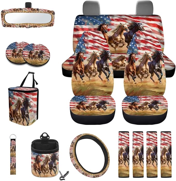 Horse American Flag Print Full Set with Front Back Seats Steering Wheel Covers, Trash Can, Air Vent Bag, Auto Seat Belt Pads, Mirror Cover, Cup Holder Coaster for Women Men