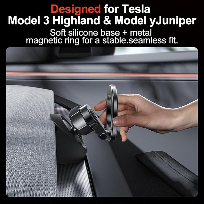 YONZEE Magnetic Phone Mount Compatible with 2025-2026 Model Y Juniper and 2024-2026 Tesla Model 3 Highland, Dashboard Ball Joint Base, Strong Magnetic Holder Ring, 360° Rotation
