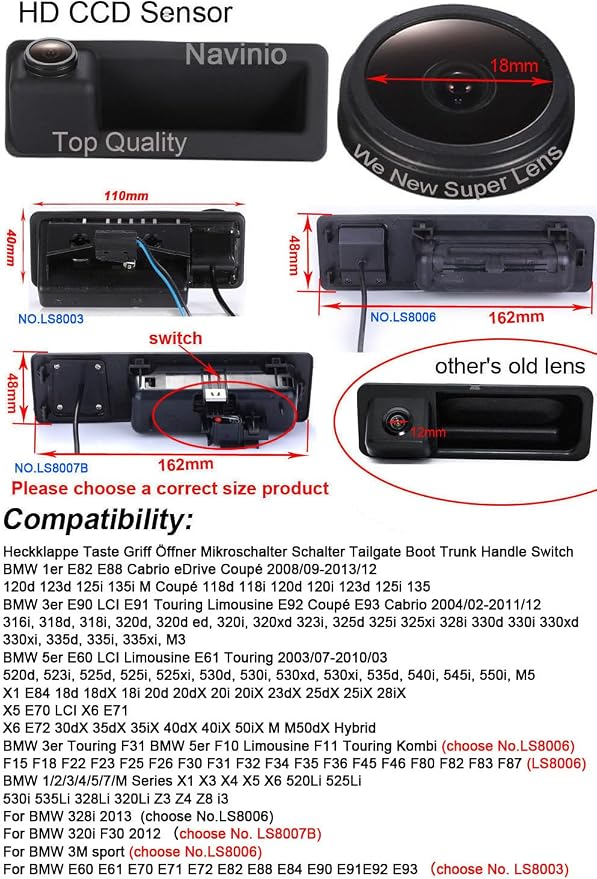 Car Backup Camera Replacement for BMW 3/5 Series 118 316 318 325 328 320 325 328Li 120i 330 335 320i 330i 335i 520 523 530 X5 X6 X1 E39 E46 E53 E82 E88 E84 E90 E91 E92 E93 E60 E61 E70 E71 E72 18i