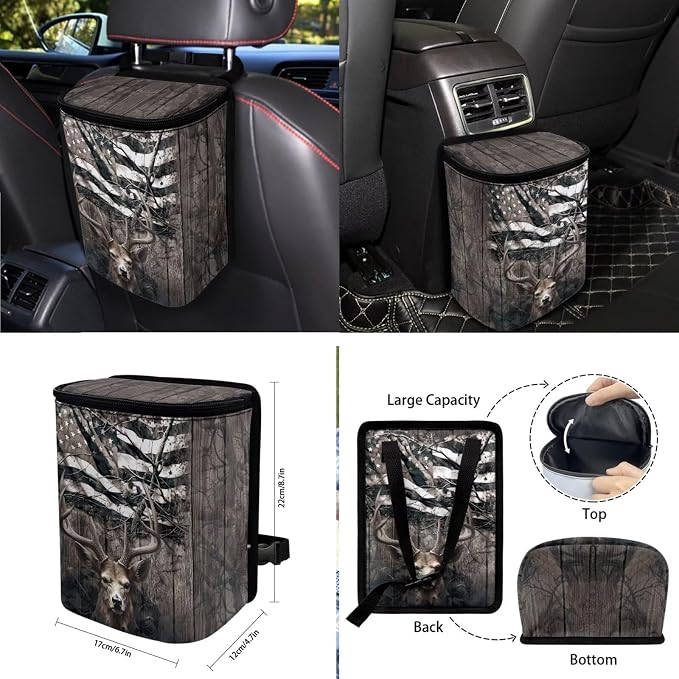 Deer Wood American Flag Pattern 10 Pcs Auto Accessories, Car Front and Rear Seat Covers Full Set Steering Wheel Cover Air Vent Pounch Box Car Rubbish Bin Cup Coasters Keychain for Women Men