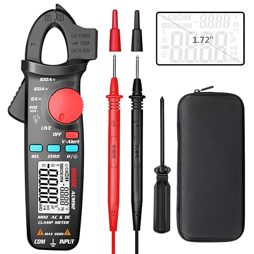 BSIDE DC Current Clamp Meter 6000 Counts Digital Multimeter Amp Continuity Ohm Hz Live Check V-Alert Voltage Tester with Back Clip