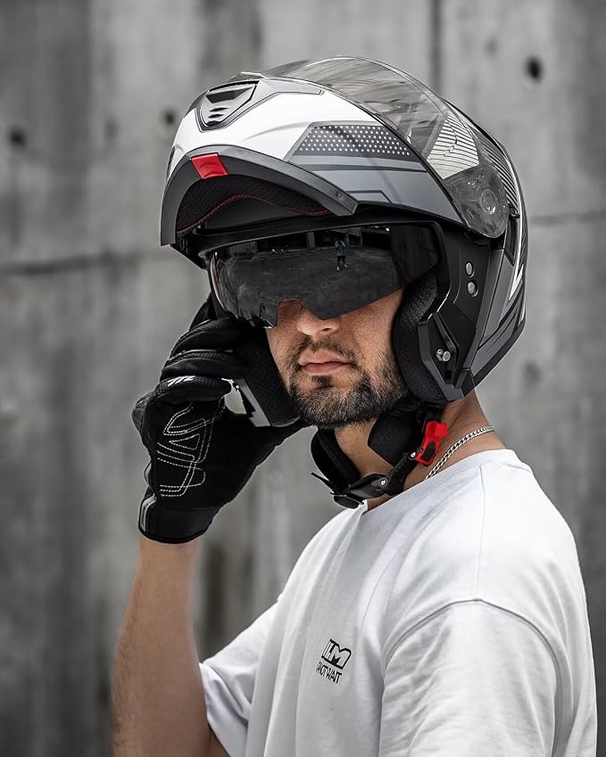 ILM Modular Motorcycle Helmet for Adults Full Face Flip up Riding with Dual Visor Street Bike Racing DOT Model MM966 (Black White, M)