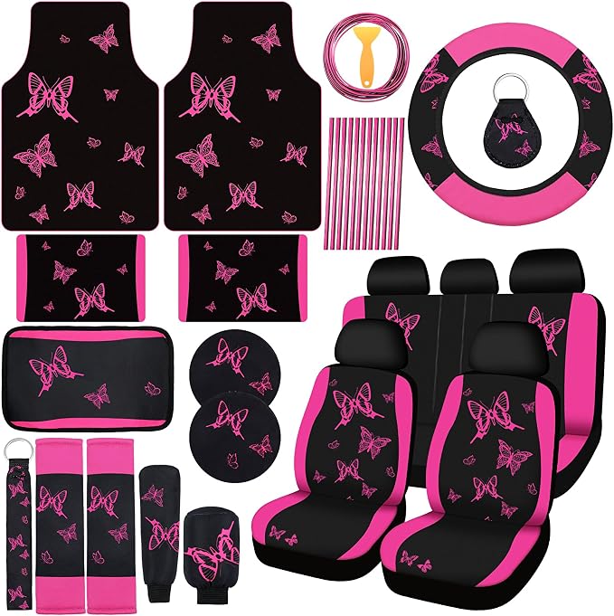 BBTO 47 Pcs Car Seat Full Set Car Accessories for Women 5 Front Rear Seat Covers Wrist Strap 2 Pieces Cup Mat Armrest Pad 2 Belt Cover Accessories for SUV(Rose Red)
