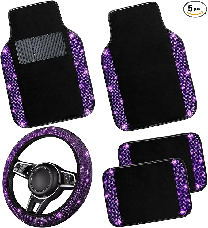 NBTEPEM Bling Car Floor Mats Full Set and Steering Wheel Cover, Universal Fit Most Cars, 4 pcs Sparkle Glitter Diamond Carpet, 5 pcs Bling Car Accessories Set for Women (Purple Violet Diamond)
