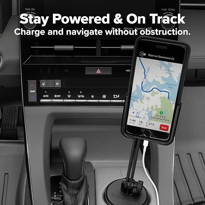 WeatherTech CupFone Two View with Extension – Adjustable, Universal Cup Holder Cell Phone Mount Car & Truck Accessory – Best Design for iPhone & Smartphone Charging – Black Metal Knobs
