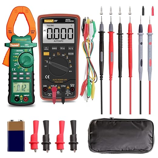 Auto Ranging Digital Multimeter & Clamp Meter with Storage Bag Battery Alligator Clips Test Leads for AC/DC Voltage/Current Voltage Alert Amp Ohm/Volt (38B Clamp Meter+18B Multi Meter Orange)