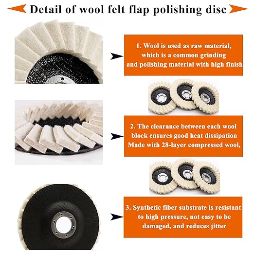 8 Pcs Wool Polishing Wheel Kit, 4-1/2"x 7/8" Felt Buffing Wheels with Felt Flap Disc and Polishing Compound, Universal for Angle Grinder, Multi-Surface Polishing for Metal, Automotive, Wood