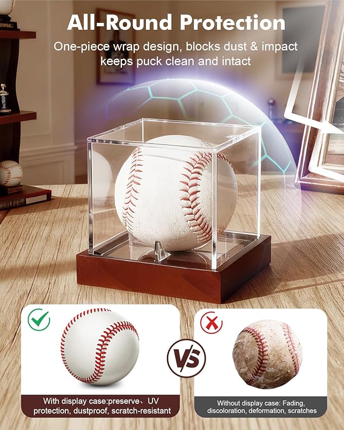 Fitense Clear Acrylic UV-Protected Sports Display Case with Solid Wood Base for Autographed Memorabilia, Baseball