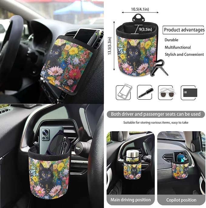 Cat Daisy Sunflower Pattern 15 PCS Car Interior Accessories, Oil Painting Car Seat Covers + Steering Wheel Cover + Seat Belt Pad + Trash Can + Keychain + Air Vent Storage Bag + Coasters