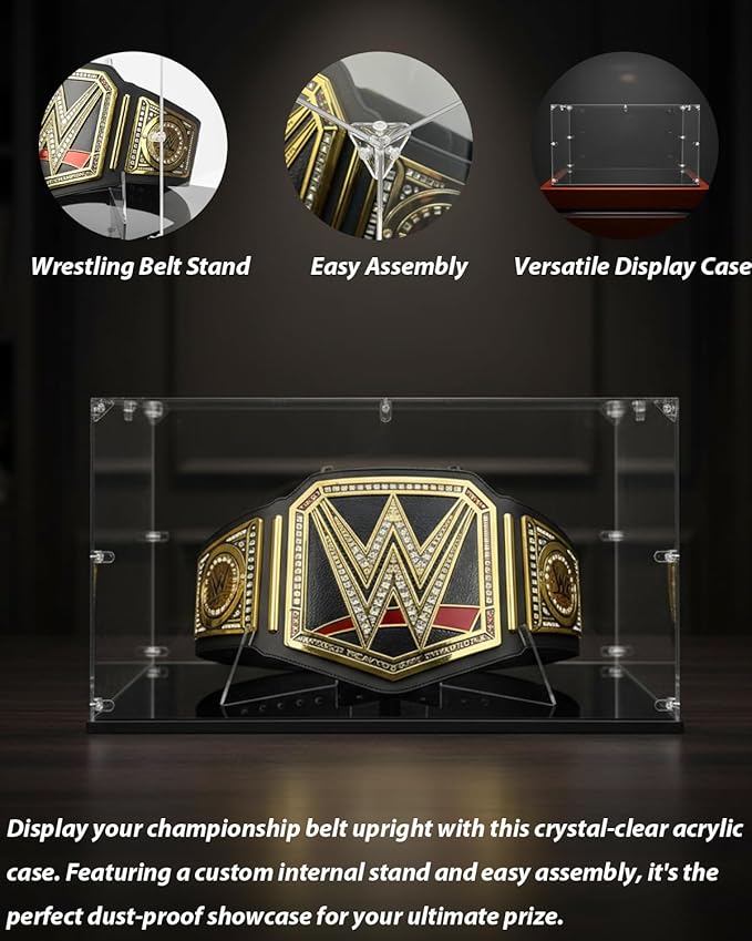 Acrylic Championship Belt Display Case – 3mm Clear Acrylic with Built-in Wrestling Belt Stand, Large 21.8" x 15.9" x 13.2" Showcase Box, Durable Corner-Connector Design – Fits Most Championship Belts