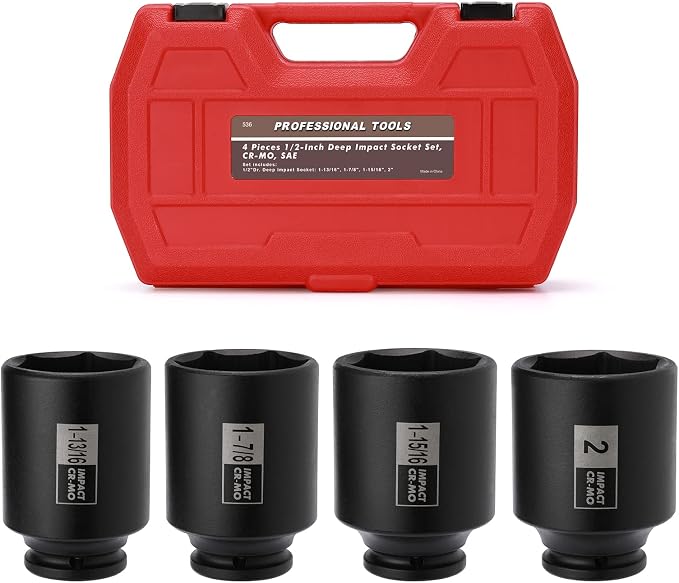 Mayouko 4PCS 1/2" Drive Spindle Axle Nut Impact Socket Set, 1-13/16, 1-7/8, 1-15/16, 2 Inch, CR-MO, Deep, 6 Point