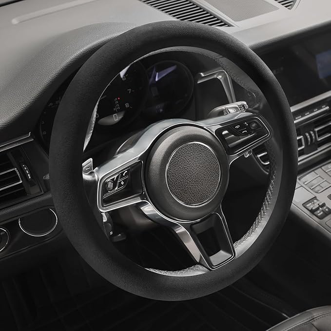 Suede Steering Wheel Cover with Upgraded Silicone Inner Ring, Anti Heat, Breathable, Anti-Slip, Leather Universal 14.5 to 15 inch Steering Wheel Cover (Pure Black)
