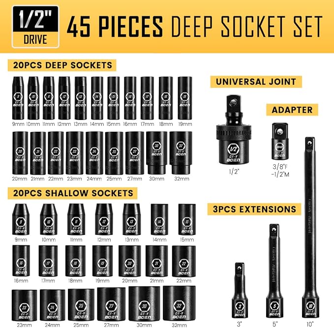 boen 45PCS 1/2” Drive Metric Socket Set+14PCS Pivoting Magnetic Bit Holder with Screwdriver Bits
