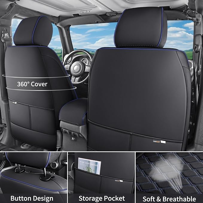 Huidasource Car Seat Covers Full Set, Full Coverage Leather Seat Cushion Protector Fit for 2015-2026 Ford F150 & 2017-2026 F250 F350 F450 Crew Cab XL XLT Lariat King Ranch, Black&Blue