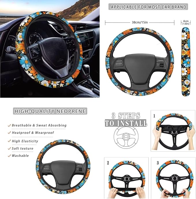 12 Pcs Hippie Flower Car Seat Covers Full Set for Women Lady,Retro Daisy Flower Colorful Swirl Wavy Auto Seat Protection Groovy Floral Steering Wheel Cover Car Coaster Automotive Interior Set
