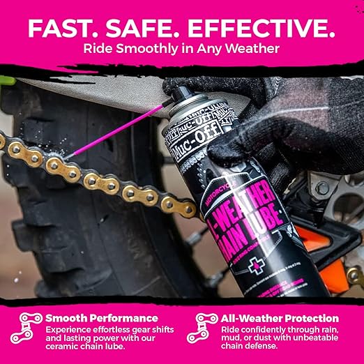 Muc-Off All-Weather Motorcycle Chain Lube 400ml + 5 Brush Set | Premium Synthetic Motorcycle Chain Lubricant | Ceramic Formula & Long-Lasting | Includes Bike Brush Kit