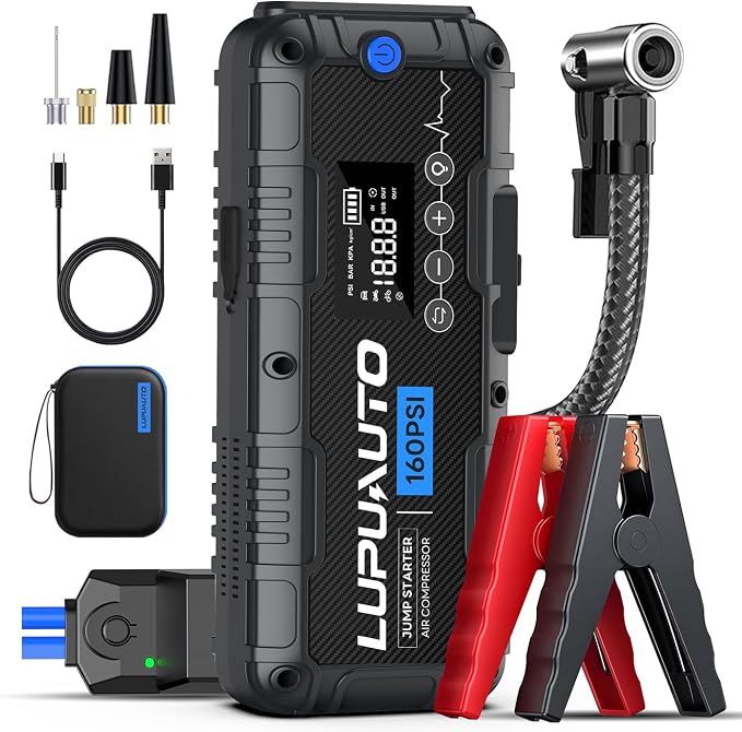 4000A Jump Starter with 160PSI Air Compressor 12V Battery Booster LED Pack | 10L Gas/8.5L Diesel, Low Voltage Forced Start, Automatic Inflation Presets, Heavy-Duty Safety Clamps