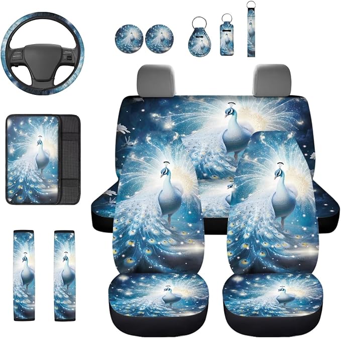 Peacock 13Pcs Car Seat Covers Full Set Car Seat Belt Cover Steering Wheel Cover Armrest Cushion Cup Coasters and Keychain Holder Suitable for Most Cars,SUV