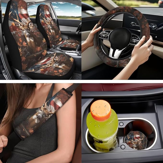 Bulopur Deer Hunting Camo Auto Seat Covers Full Set with Car Armrest Pad Seat Belt Covers Keychain American Flag Automotive Interior Decor Set for Truck SUV Van 14 Pack