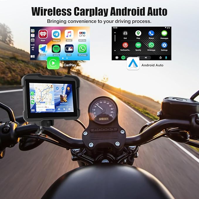 Motorcycle GPS Navigation System with Wireless Carplay Android Auto 5" Moto CarPlay Screen with Dual Bluetooth, Navigation/Siri/G00gle Assistant Waterproof