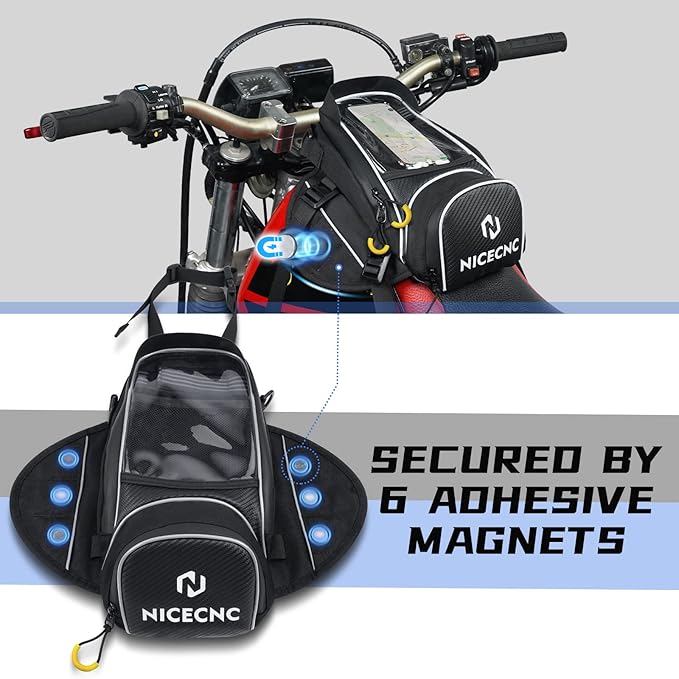 NICECNC Motorcycle Gas Tank Bag Magnetic, 6 Magnets & 5 Straps Reinforced, Detachable Anti-slip Base Portable, Dirt Bike Tank Bag Storage Bag Muti-functions for Men Women Cycling Hiking Camping, Black