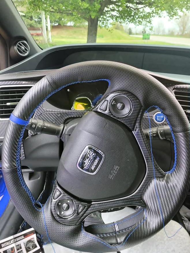 Loncky Carbon Fiber Black Genuine Leather Steering Wheel Cover for Honda Civic 9 Civic 2012 2013 2014 2015 Hand Stitched Custom Fit Car OEM Parts Interior Accessories
