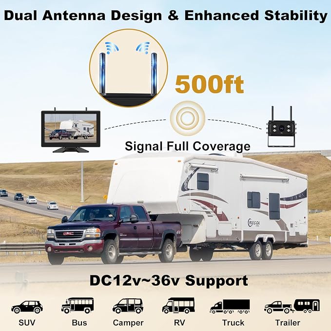 10" Wireless Backup Camera System for RV/Truck/Trailer, 4-Channel IPS Touch Screen Monitor, Dual HD 1080P IP69K Waterproof Cameras, IR Night Vision, Easy Installation for Camper & Trailer