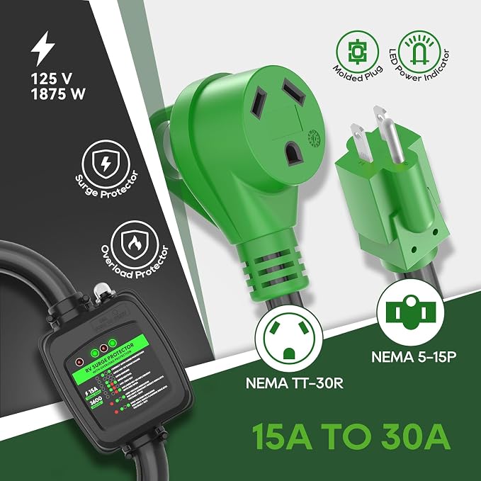 RVGUARD Surge Protector 30 Amp to 110 Volt RV Adapter Cord with Overload Protection, NEMA 5-15P to NEMA TT-30R Electrical Power Adapter, 2 Feet, Green, ETL Listed
