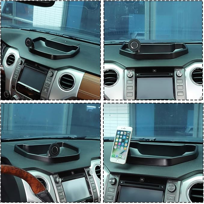Fit for Toyota Tundra 2007-2021 Car Dash Center Console Table Storage Tray,Instrument Organizer ABS Black Materials Anti-Slip Backing Accessories (with C Style Mobile Phone Holder)