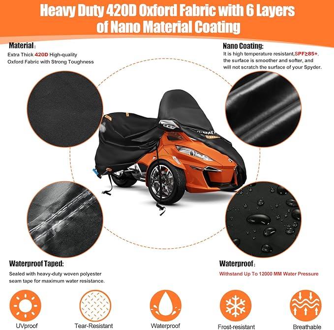 3-Wheel Motorcycle Cover Waterproof, Compatible with Spyders RT Limited F3 S,420D Heavy Duty Oxford Fabric,3 Reflective Strips,Three Wheel Motorcycle Cover Outdoor Protection