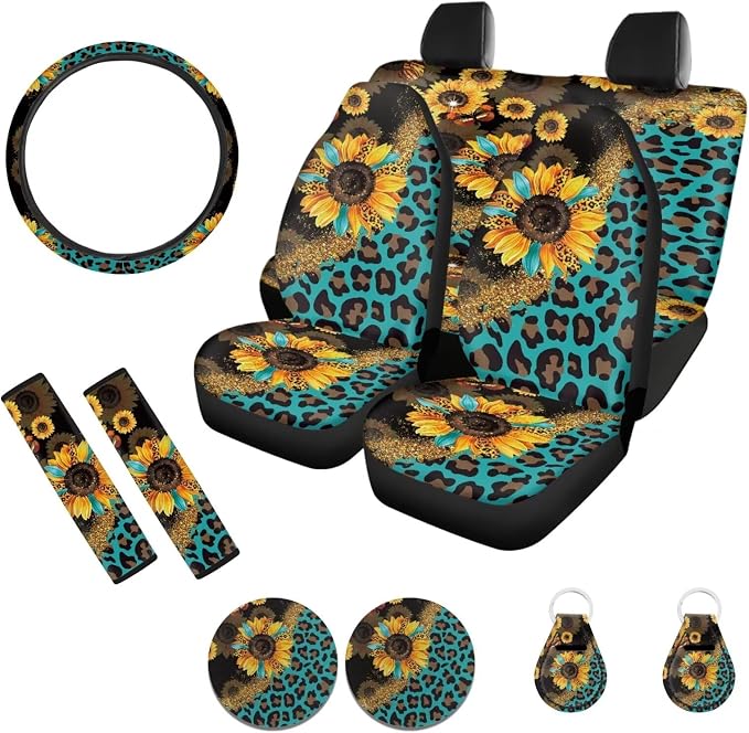 POLERO Sunflower Leopard Seat Cover for Cars 11PCS Vintage Cheetah Animal Print Steering Wheel Cover Seatbelt Pads Coasters Keychains