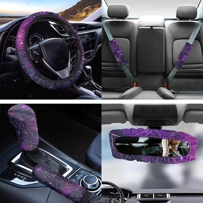 Halloween Galaxy Spider Web Car Seat Covers Set for Front Rear Seats,14Pcs Halloween Theme Car Steering Wheel Cover,Seatbelt,Keychain,Car Interior Mirror Covers,Vehicle Coaster,Univesal Fit