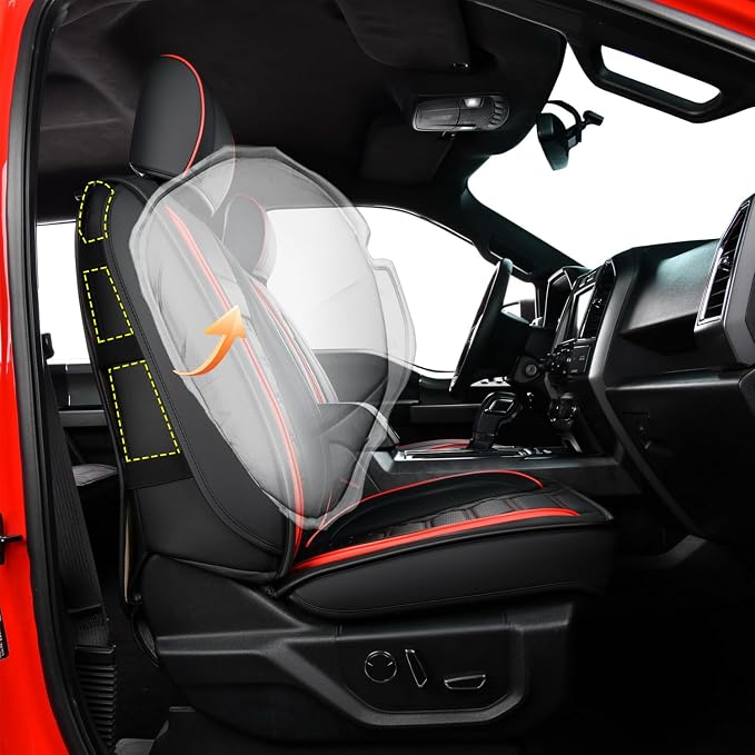 RISINGSTAR Silverado Sierra Faux Leather Seat Covers, Fit for 2014-2018 Chevy Silverado GMC Sierra 1500 and 2015-2019 2500HD 3500HD Crew Cab(Full Set, Black&Red)